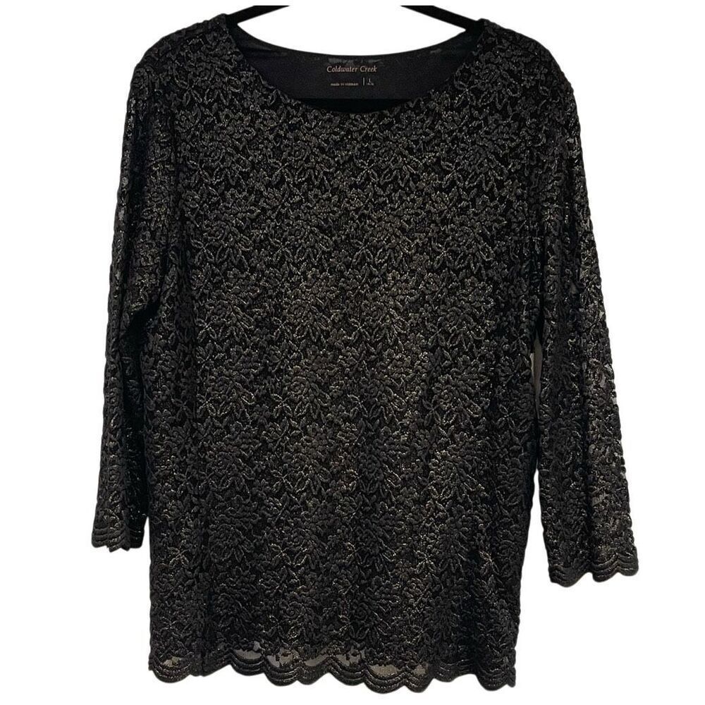 NWT COLDWATER CREEK‎ Blouse Large Black Foil Scoop Neck Floral Lace 3/4 Sleeve